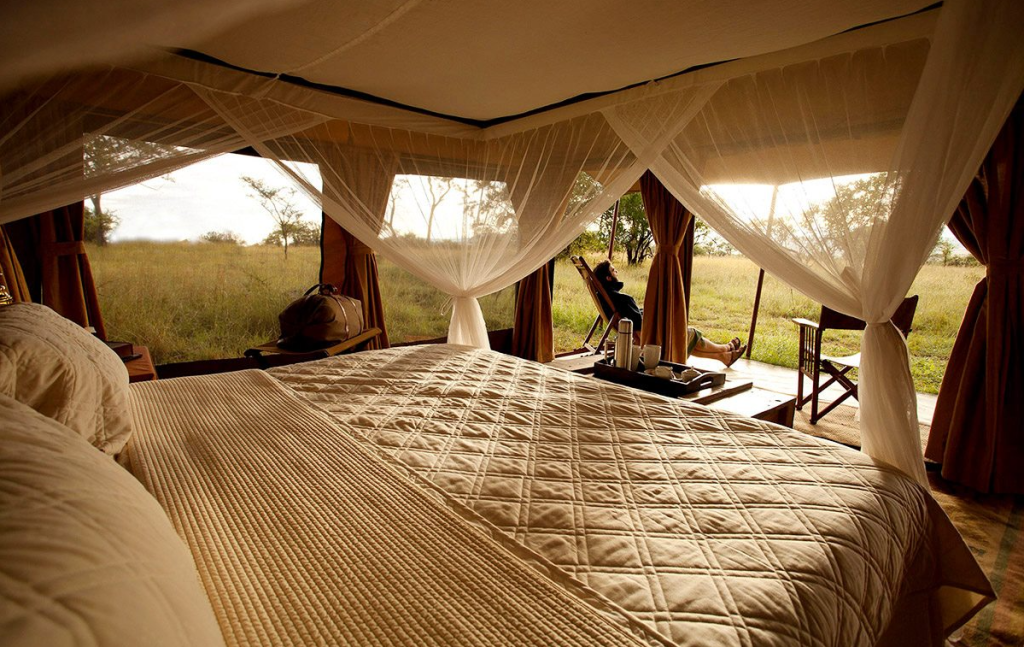 Mobile tented camp pitched on the Serengeti plains in Tanzania